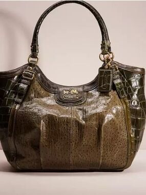 COACH RARE/HTF/LTD ED Exotic Olive Green & Taupe Croc & Ostrich Leather Tote Bag